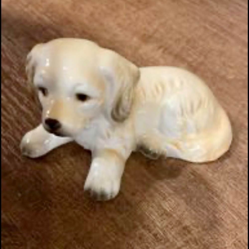 Vintage Bone China DOG Figurine~Tag/light brown  & White laying down Miniature